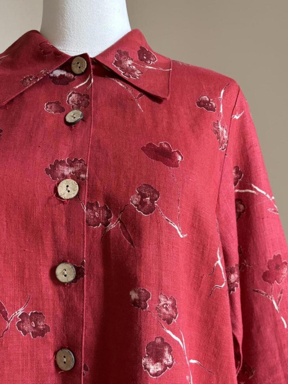 Red linen floral skirt and button up set - Picture 7 of 8